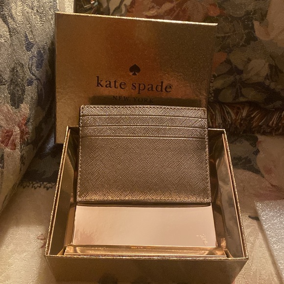 KATE SPADE GOLD METALLIC CARD HOLDER NIB GLITTERING ROSE GREAT GIFT - Picture 3 of 6